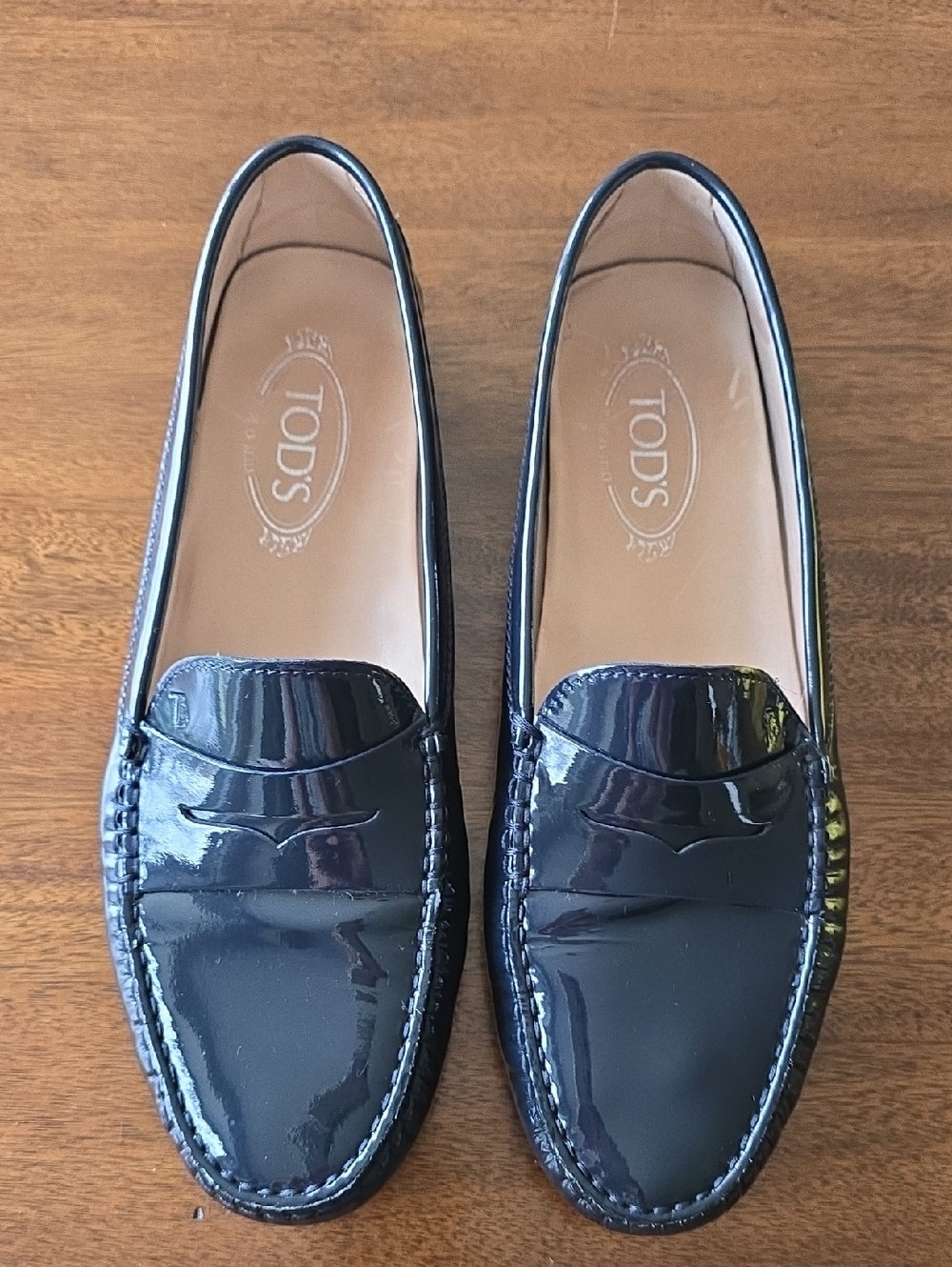 TOD'S Glossy Navy Patent Leather Penny Loafers